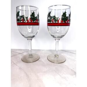 1970s Libbey Glass Co. Holly & Berries Blown Glass Water Goblet Pair